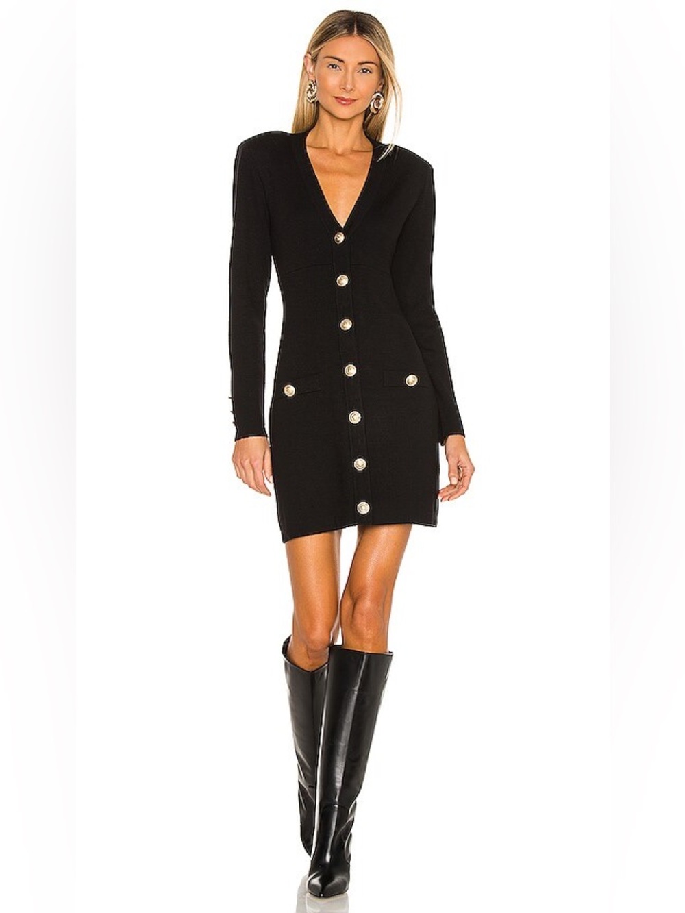 NWT L’AGENCE Brenna V neck Mini Knit Dress Button-Front w/ Gold Buttons, Sz L